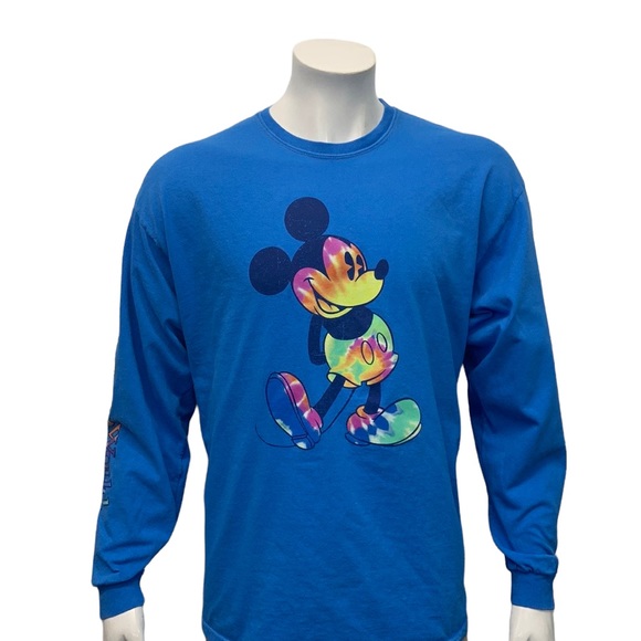 Disney Parks Blue Multi Color Rainbow Mickey Graphic T-Shirt Spellout Sleeve XL - Picture 3 of 11